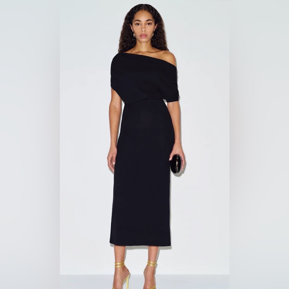 Reformation Irish Knit Dress One-Shoulder Black Midi Dress